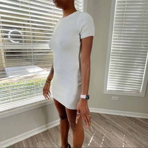 NASTY GAL Cream Knit Ribbed T-Shirt Mini Dress - Picture 7 of 11